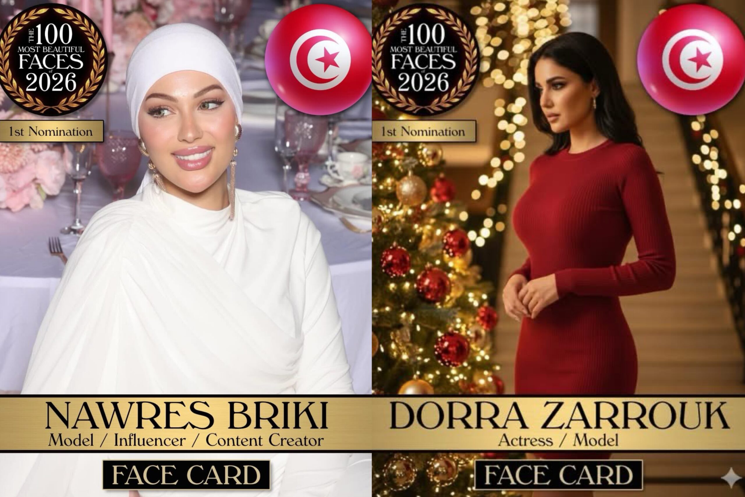 ترشيح درة زروق و نورس البريكي ضمن قائمة أجمل 100 وجه في العالم لسنة 2026 ترشيح درة زروق و نورس البريكي ضمن قائمة أجمل 100 وجه في العالم لسنة 2026